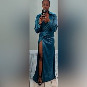 Ivana Long Sleeve Satin Maxi Dress - Teal